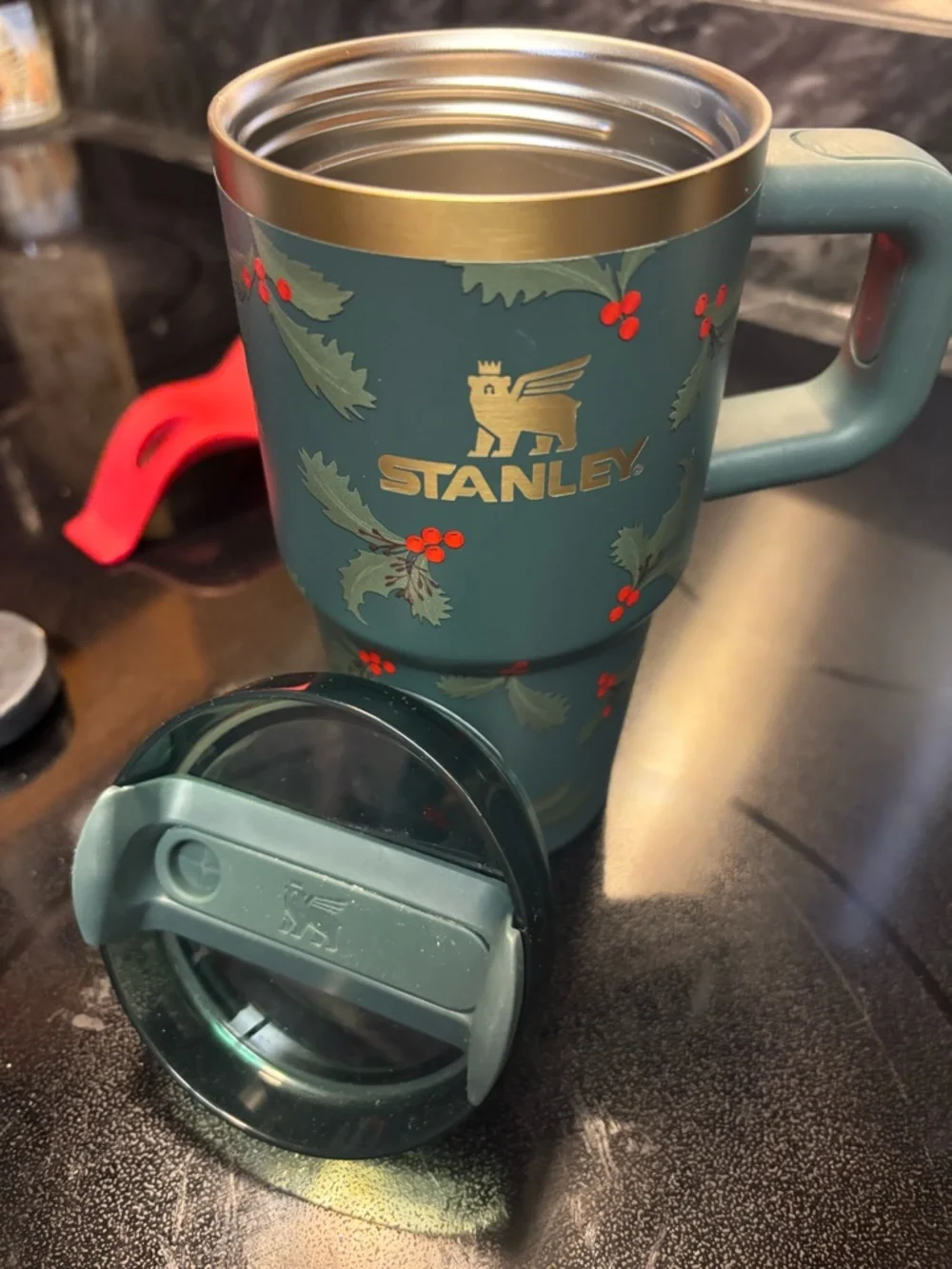 Stanley Green Travel Mug with Gold Logo and Red Holly - Picture 6 of 6